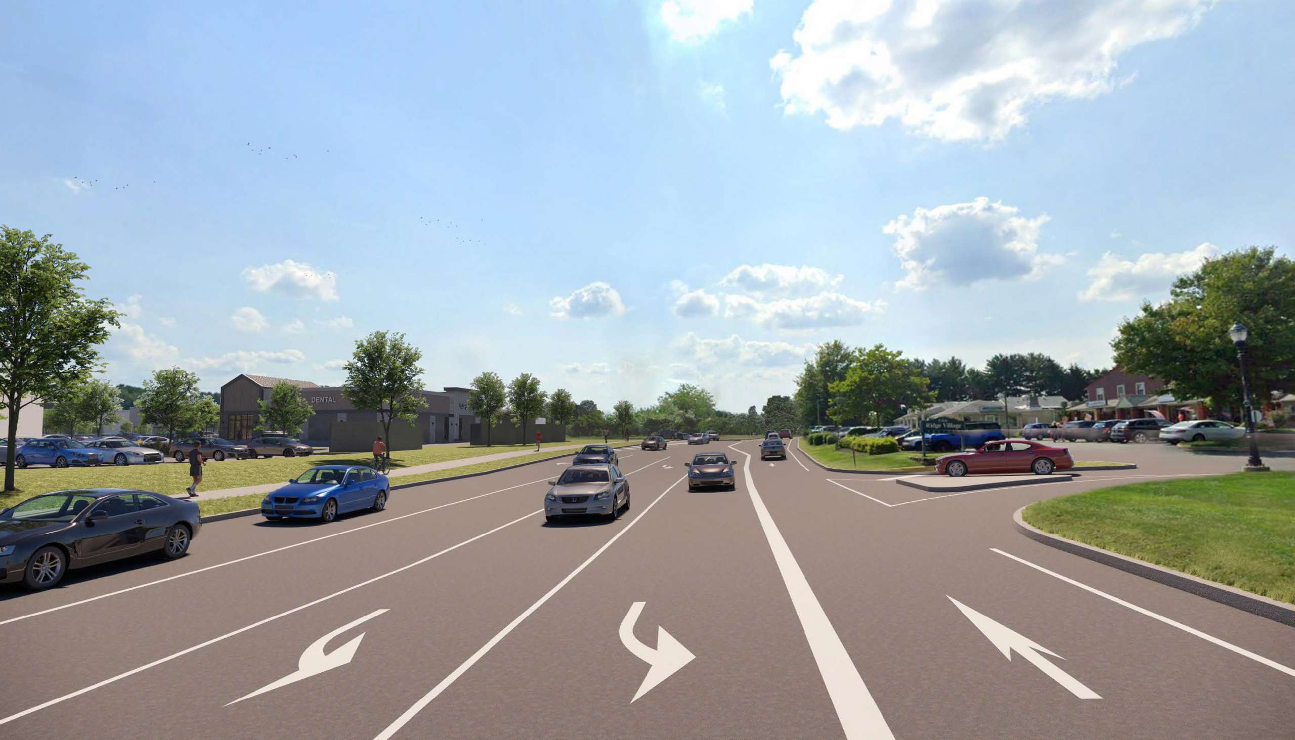 Multi-lane suburban street with large white lane arrows, cars in traffic, and storefronts along both sides under a blue sky.