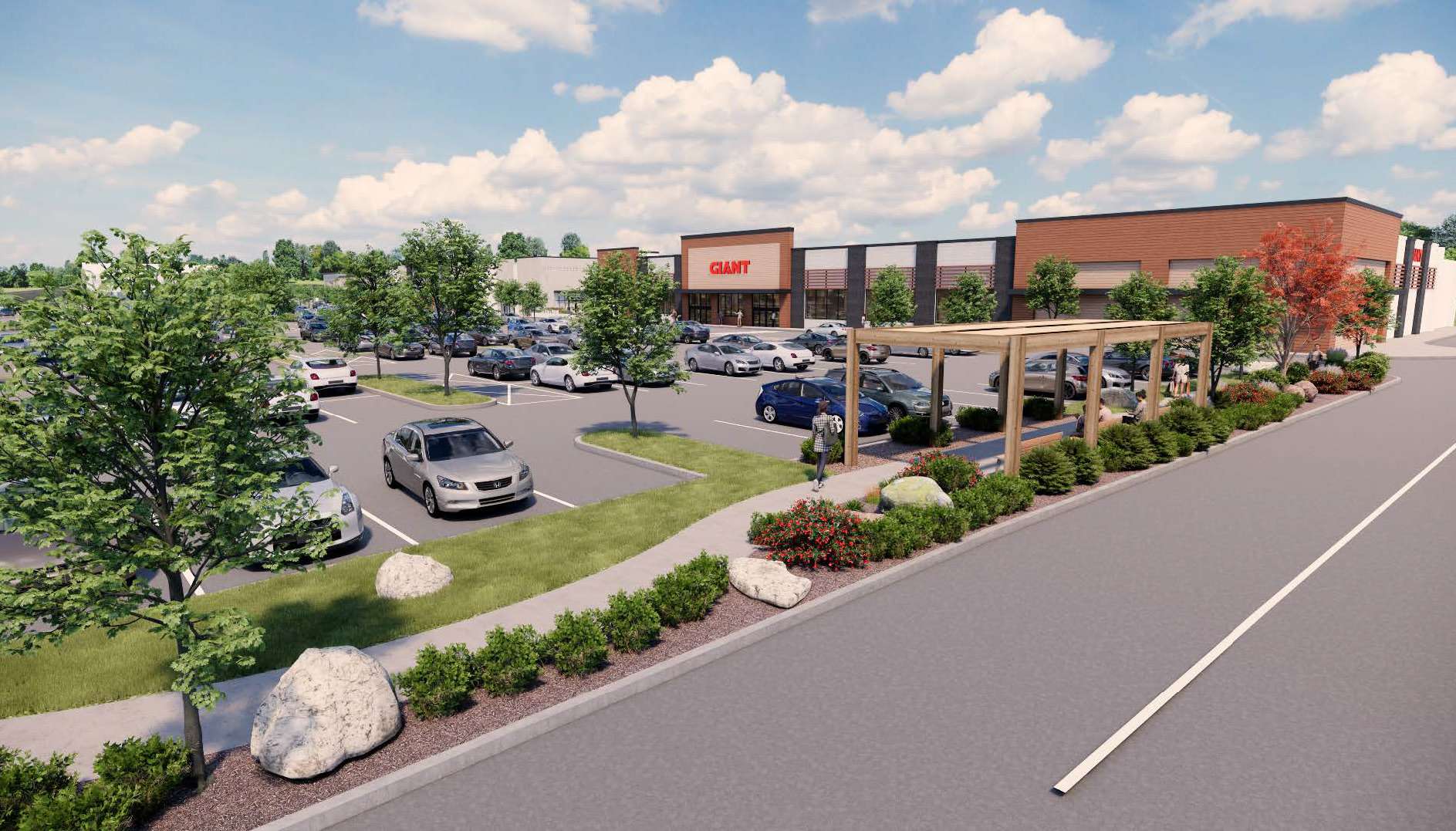 Architectural rendering of a GIANT supermarket campus with a parking lot, trees, and a wooden pergola walkway.