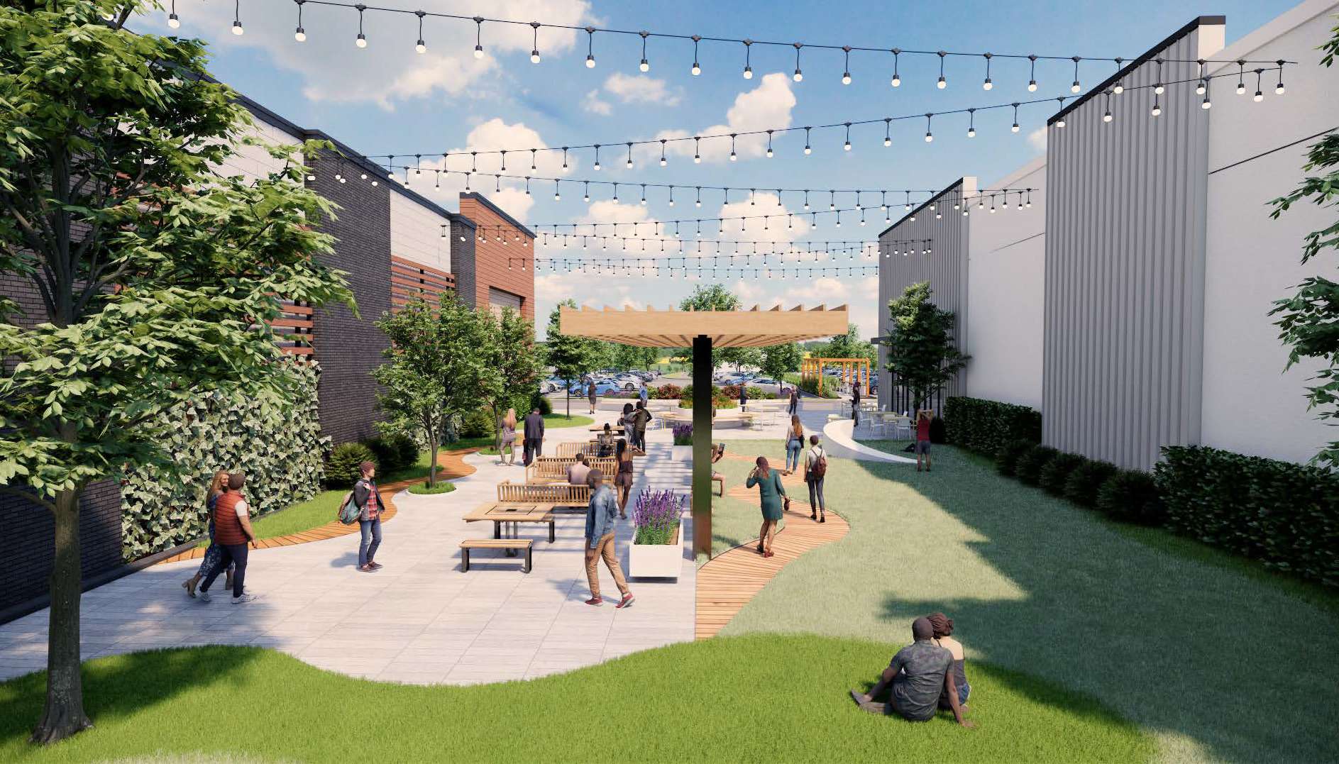 Outdoor pedestrian plaza with string lights, benches, trees, and people strolling and socializing.