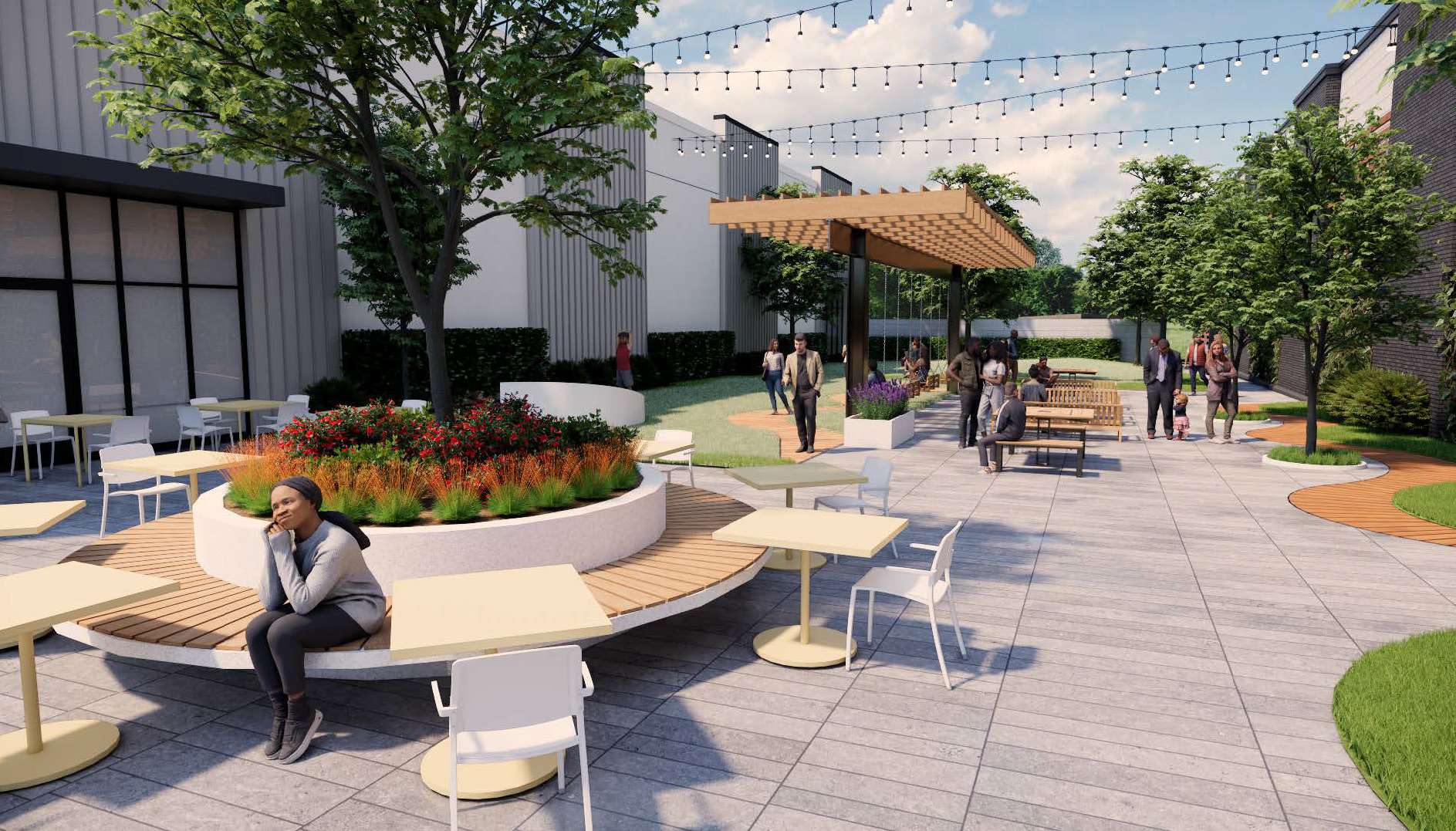 Outdoor urban courtyard with string lights, modern seating, and a raised circular plant bed; people sit and chat under a wooden pergola.