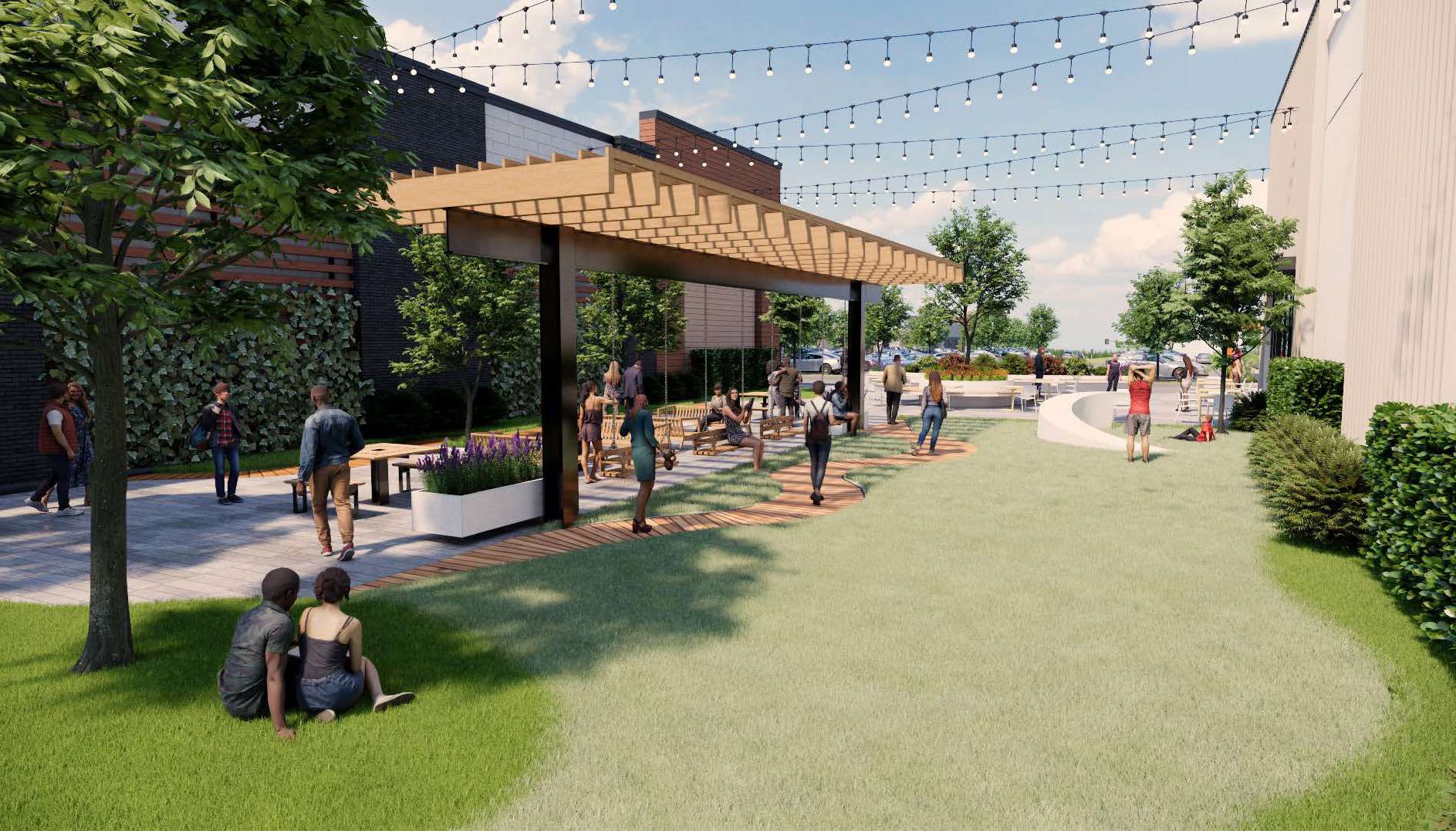 Public outdoor plaza with a wooden pergola, string lights, trees, and people sitting and walking.