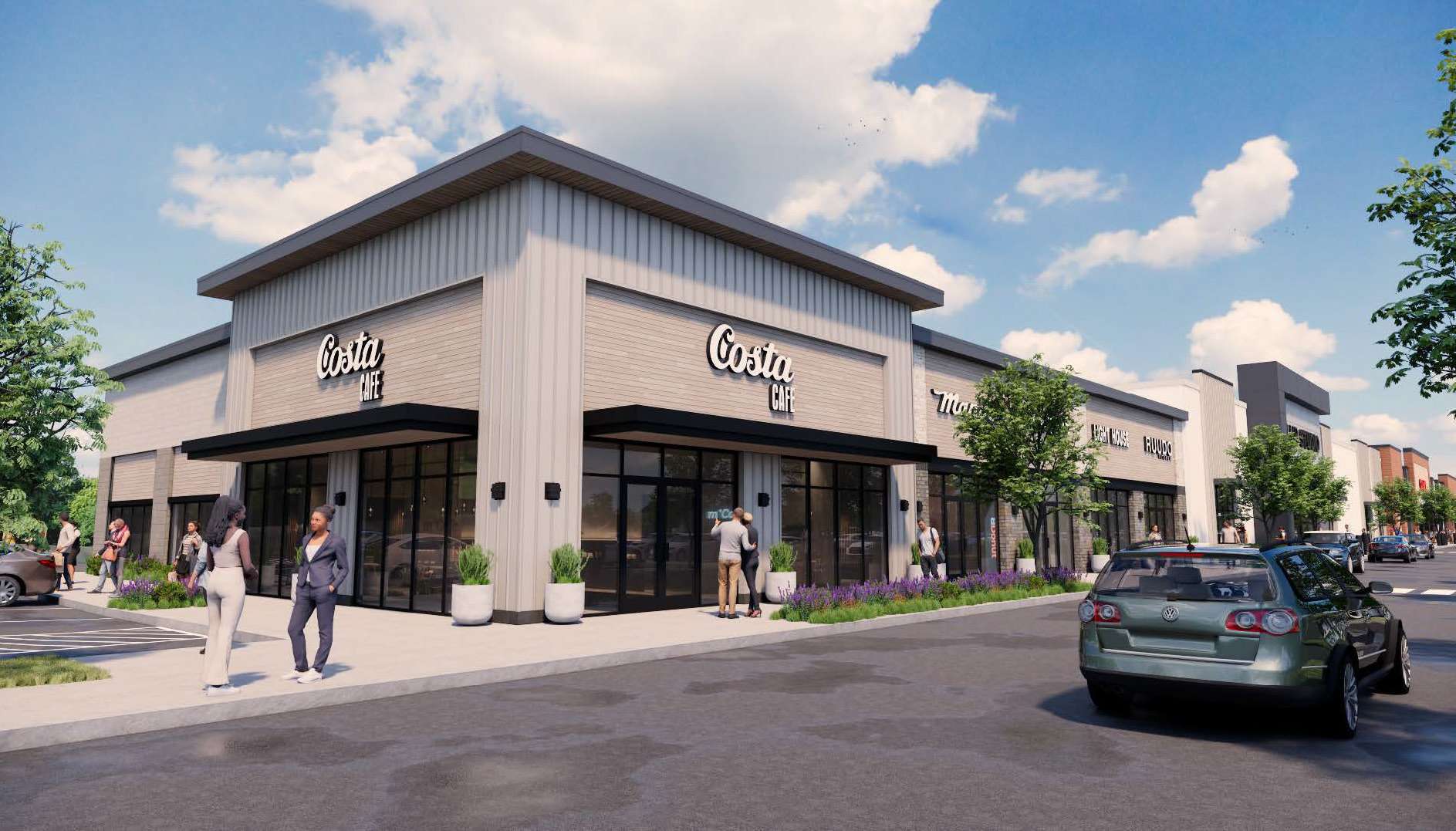 Modern shopping plaza exterior with Costa Caf&eacute; storefronts, glass windows, planters, and parked cars under a blue sky.