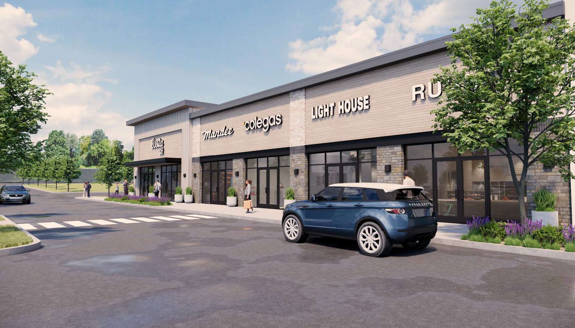A modern strip mall with storefronts and signage, including 'Mundeo', 'colegas', and 'LIGHT HOUSE', with a blue SUV parked in front and pedestrians walking on the sidewalk.