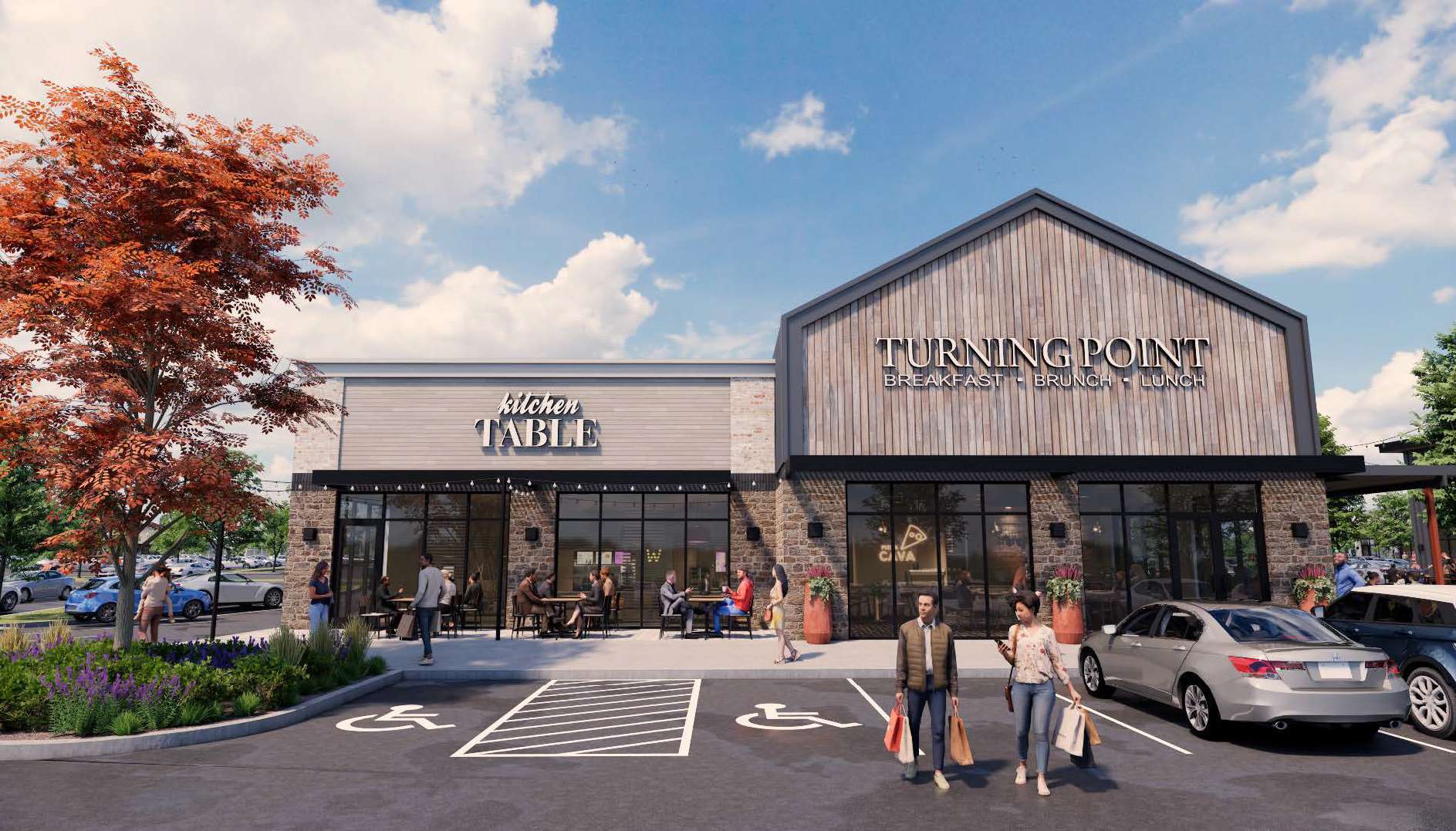 Exterior view of Turning Point restaurant with outdoor seating for Kitchen Table, ADA parking in the foreground and people dining outside under a blue sky.