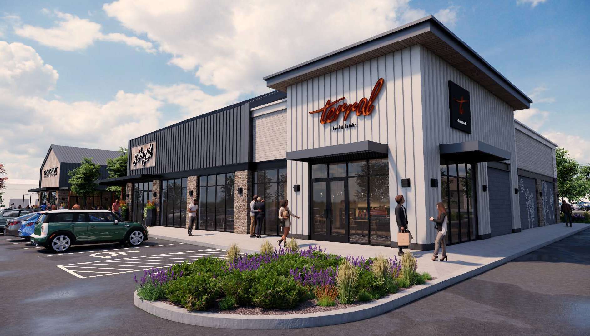 Modern strip mall exterior with glass storefronts, landscaped island, and people walking on a sunny day.