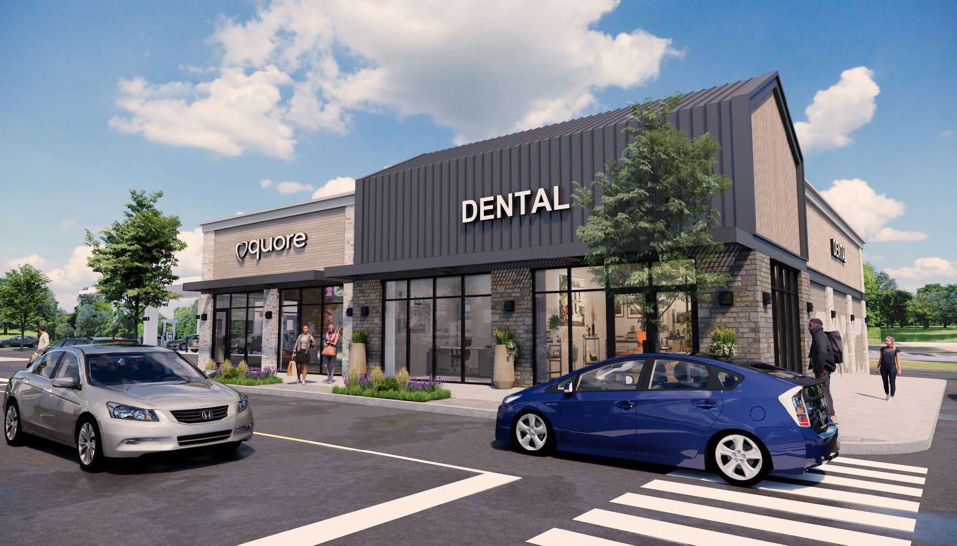 Exterior of a modern dental clinic with a large DENTAL sign, glass storefronts, and stone accents; cars parked in a lot and pedestrians nearby.
