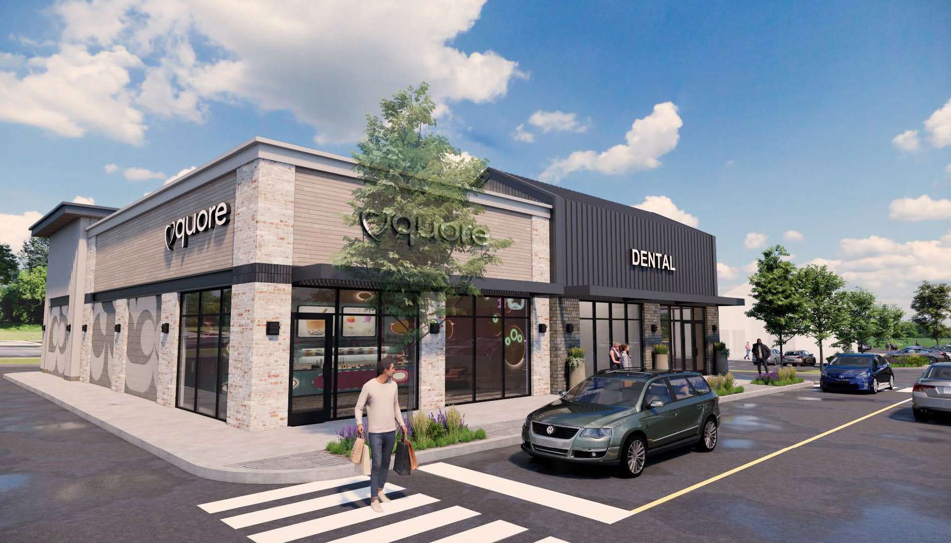 Modern dental clinic exterior with glass storefronts, brick and gray siding, and a prominent 'DENTAL' sign under a clear blue sky.
