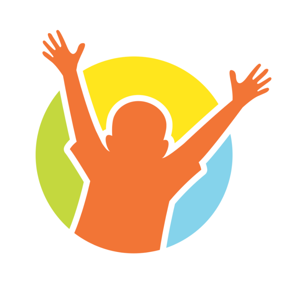 Orange silhouette of a person with arms raised in celebration against a multicolored circular background (yellow, green, blue).