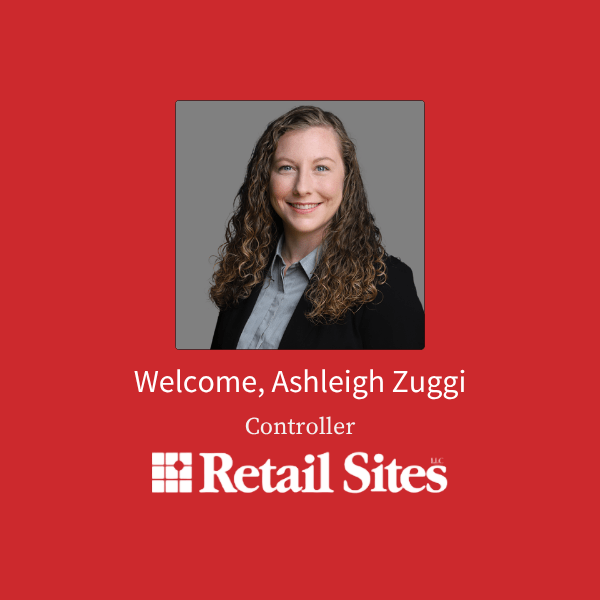 Head-and-shoulders photo of Ashleigh Zuggi, Controller at Retail Sites, on a red welcome screen with the company logo.